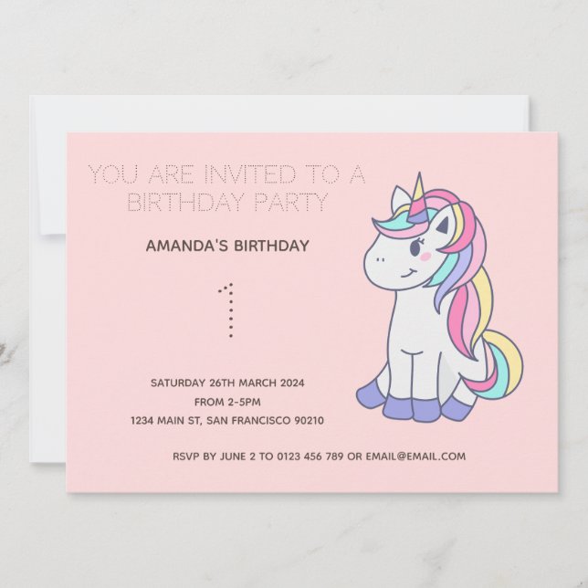 Cute Rainbow Unicorn Birthday Party Invitation (Front)