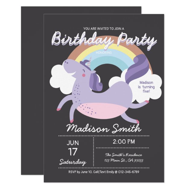 Cute Rainbow Unicorn Birthday Party Invitation