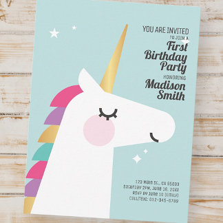 Cute Rainbow Unicorn Birthday Party Invitation