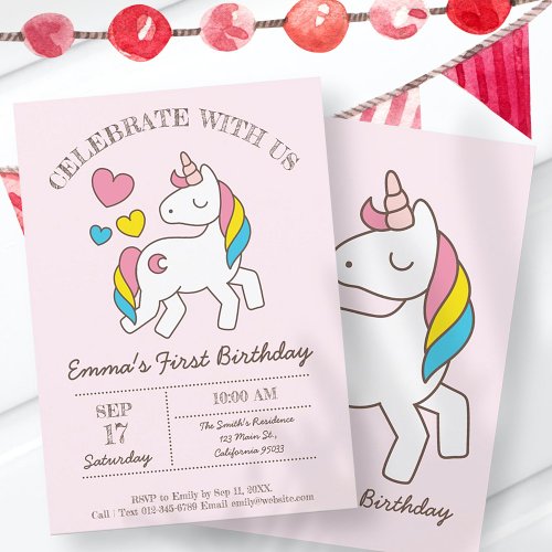 Cute Rainbow Unicorn Birthday Party Invitation