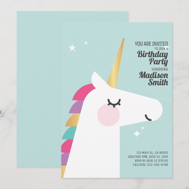 Cute Rainbow Unicorn Birthday Party Invitation (Front/Back)