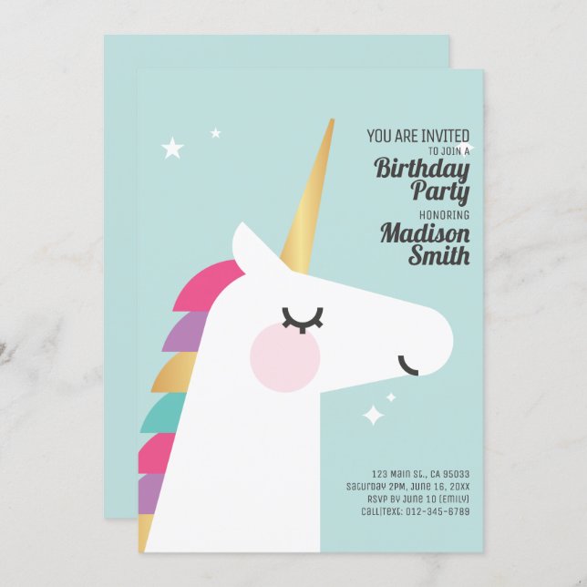 Cute Rainbow Unicorn Birthday Party Invitation (Front/Back)
