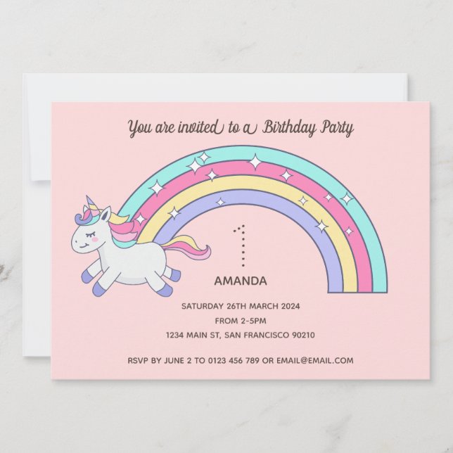 Cute Rainbow Unicorn Birthday Party Invitation (Front)