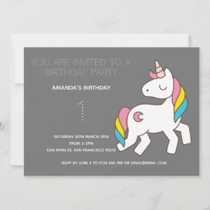Cute Rainbow Unicorn Birthday Party Invitation