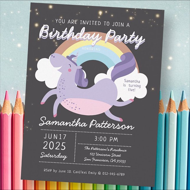 Cute Rainbow Unicorn Birthday Party Invitation Postcard (Creator Uploaded)
