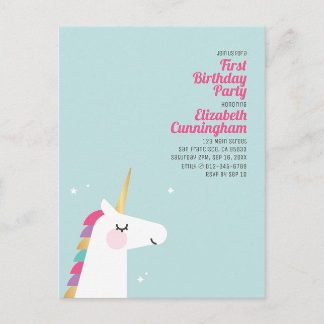 Cute Rainbow Unicorn Birthday Party Invitation Postcard