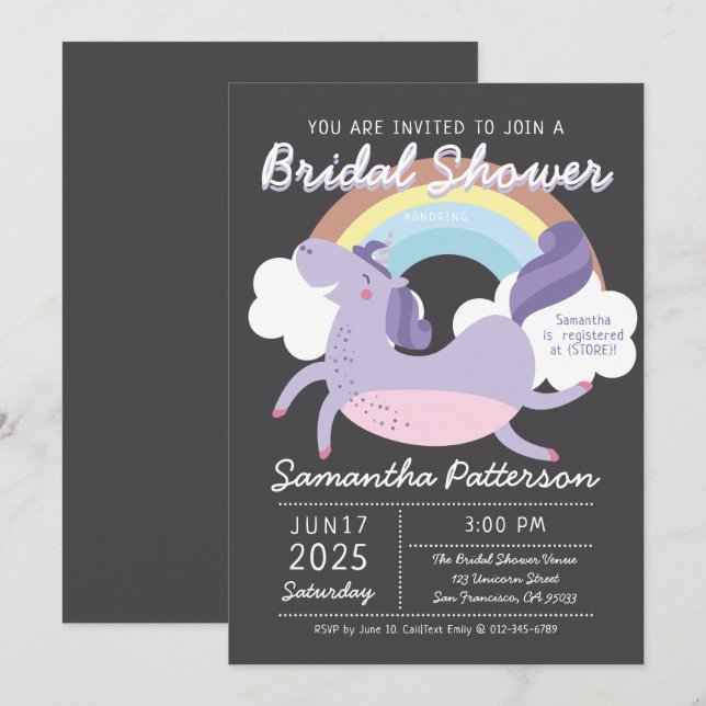 Cute Rainbow Unicorn Bridal Shower Invitation (Front/Back)