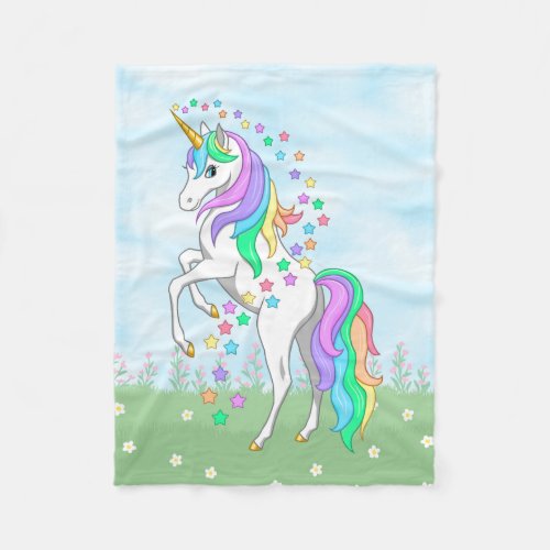 Cute Rainbow Unicorn Colorful Stars  Flowers Fleece Blanket