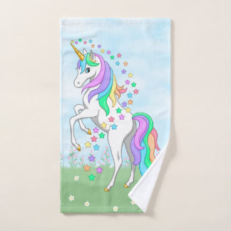 Cute Rainbow Unicorn Colorful Stars & Flowers Hand Towel