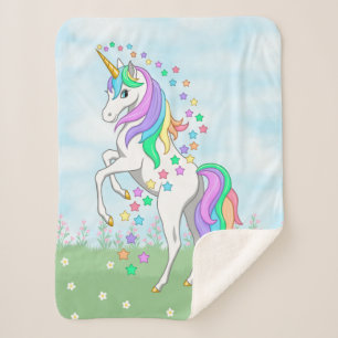 Cute Rainbow Unicorn Colorful Stars & Flowers Sherpa Blanket