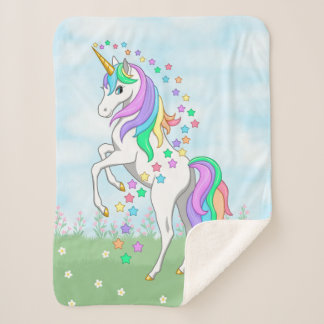 Cute Rainbow Unicorn Colorful Stars & Flowers Sherpa Blanket