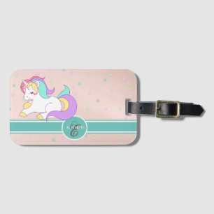 Cute Rainbow Unicorn, Colorful Stars Monogram Luggage Tag