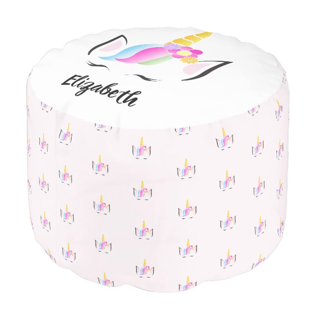 Cute Rainbow Unicorn Crown Personalized Pouf (Angled Back)