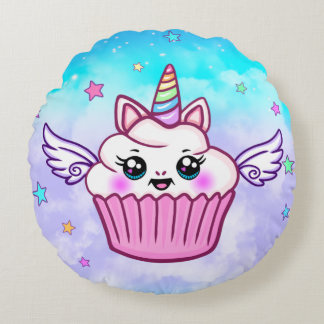 Cute Rainbow Unicorn Cupcake Kawaii Round Pillow