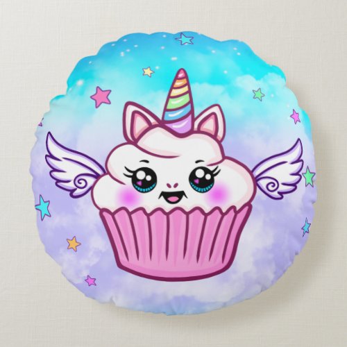 Cute Rainbow Unicorn Cupcake Kawaii Round Pillow