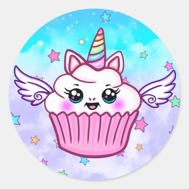 Cute Rainbow Unicorn Cupcake Kawaii Stickers (Front)