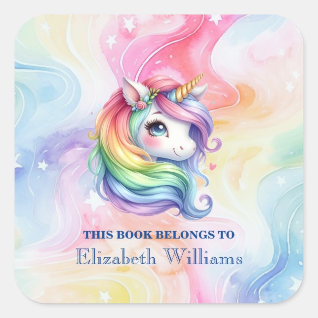 Cute Rainbow Unicorn Custom Name Bookplate (Front)