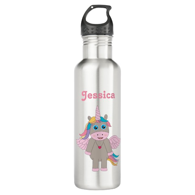 Cute Rainbow Unicorn Design School Stainless Steel Water Bottle (Front)
