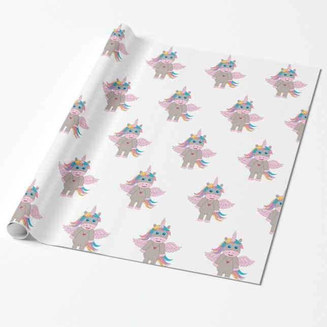 Cute Rainbow Unicorn Design Wrapping Paper (Unrolled)