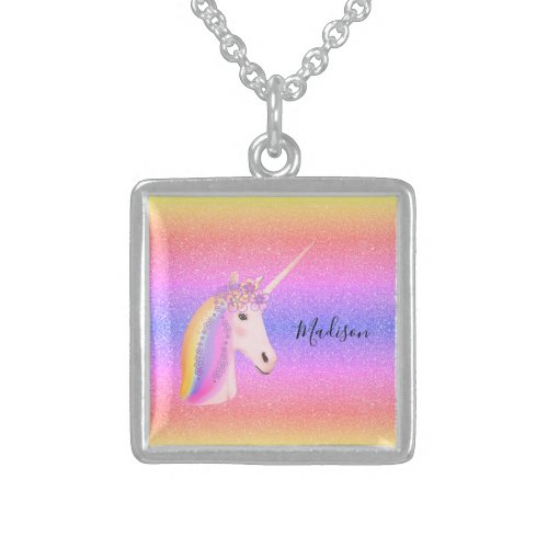 Cute Rainbow Unicorn Faux Glitter Girls Customized Sterling Silver Necklace