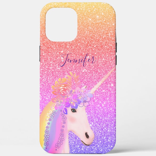 Cute Rainbow Unicorn Faux Glitter Monogram Case-Mate iPhone Case (Back)