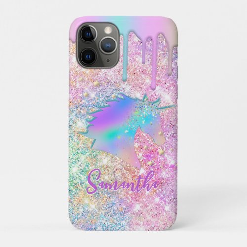Cute Rainbow unicorn faux Glitter stars monogram iPhone 11 Pro Case