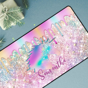 Cute Rainbow unicorn faux Glitter stars monogram Desk Mat