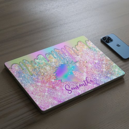 Cute Rainbow unicorn faux Glitter stars monogram HP Laptop Skin