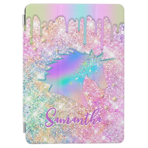 Cute Rainbow unicorn faux Glitter stars monogram iPad Air Cover
