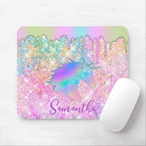 Cute Rainbow unicorn faux Glitter stars monogram Mouse Pad