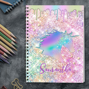 Cute Rainbow unicorn faux Glitter stars monogram Notebook