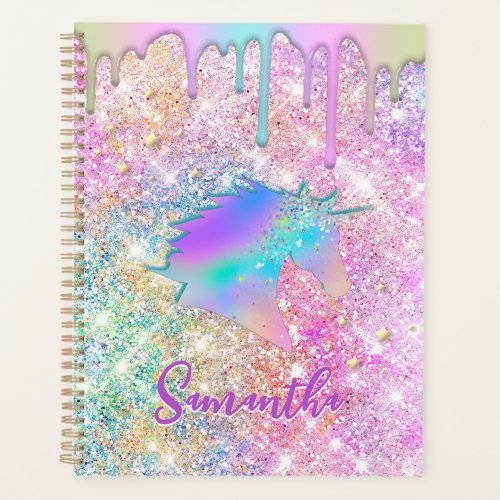 Cute Rainbow unicorn faux Glitter stars monogram Planner