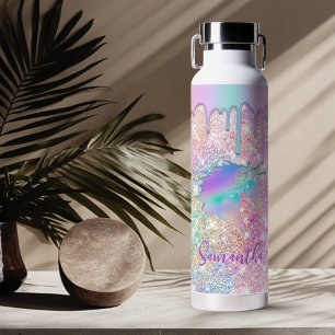Cute Rainbow unicorn faux Glitter stars monogram Water Bottle