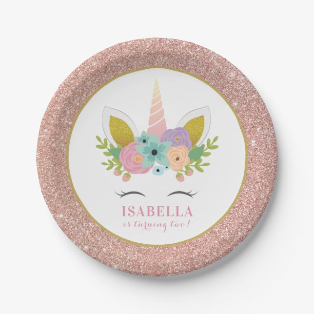 Cute Rainbow Unicorn Faux Rose Gold Kids Birthday Paper Plates (Front)