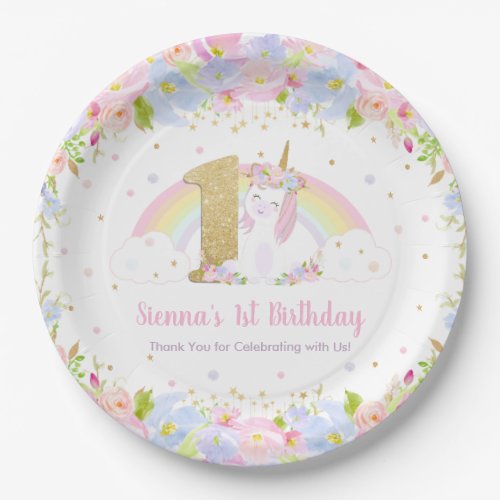 Cute Rainbow Unicorn Floral 1st Birthday Party Paper Plates