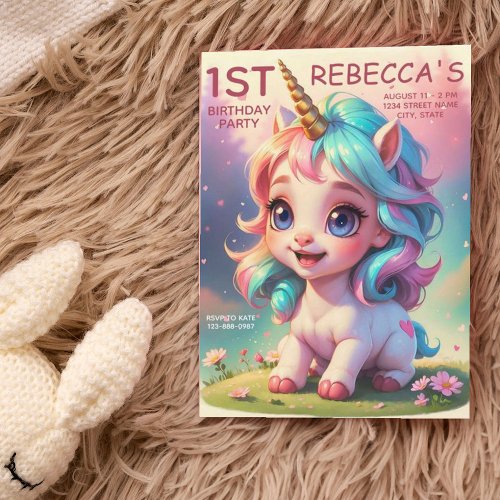 Cute Rainbow Unicorn Girl 1st Birthday Party   Invitation