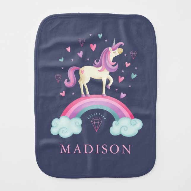 Cute Rainbow Unicorn Girl Baby Burp Cloth (Front)