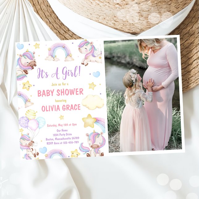 Cute Rainbow Unicorn Girl Baby Shower Photo  Invitation (Creator Uploaded)