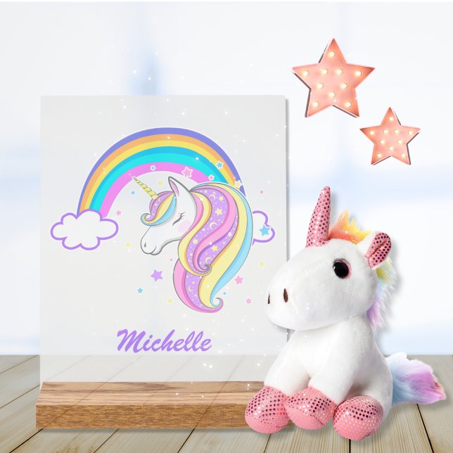 Cute Rainbow Unicorn Girl Script Name Whimsical  Acrylic Sign (Magical Rainbow Unicorn Stars Colorful Girl's Bedroom Personalized Name Acrylic Stand Decor)