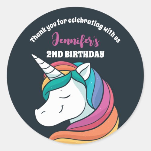 Cute Rainbow Unicorn Girls Birthday Party Favor Classic Round Sticker