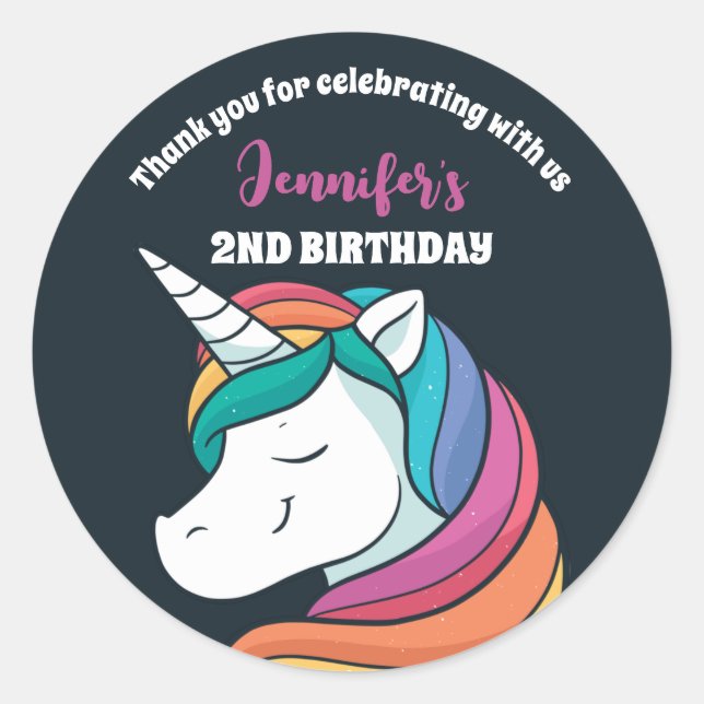 Cute Rainbow Unicorn Girls Birthday Party Favor Classic Round Sticker (Front)