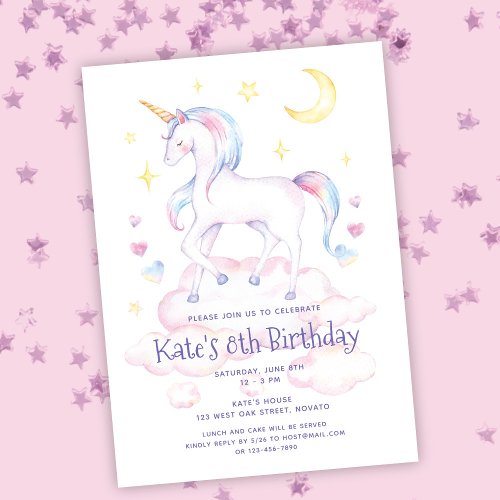 Cute Rainbow Unicorn Girls Birthday Party Invite