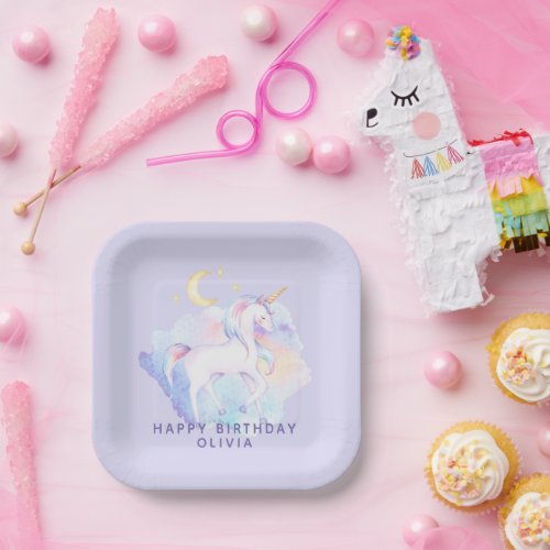 Cute Rainbow Unicorn Girls Birthday Party Paper Plates