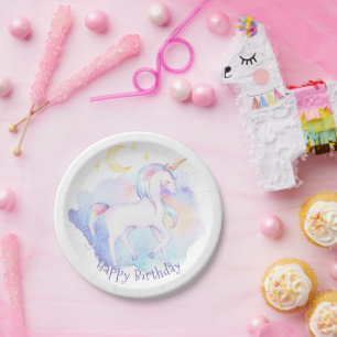 Cute Rainbow Unicorn Girl's Birthday Party Paper Plates