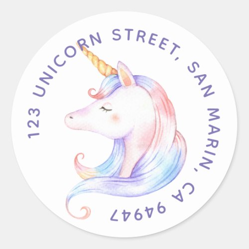 Cute Rainbow Unicorn Girls  Round Address Label