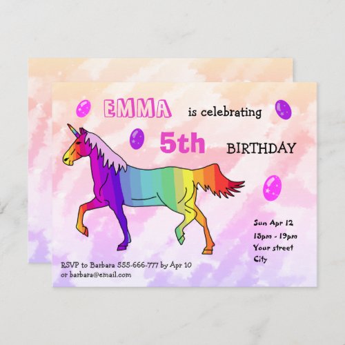Cute Rainbow Unicorn Girly Birthday Party Invitation - Cute Rainbow Unicorn Girly Birthday Party Invitation. A colorful rainbow unicorn with colorful stripes. This is great as a party invitation for a girl's birthday and her friends.