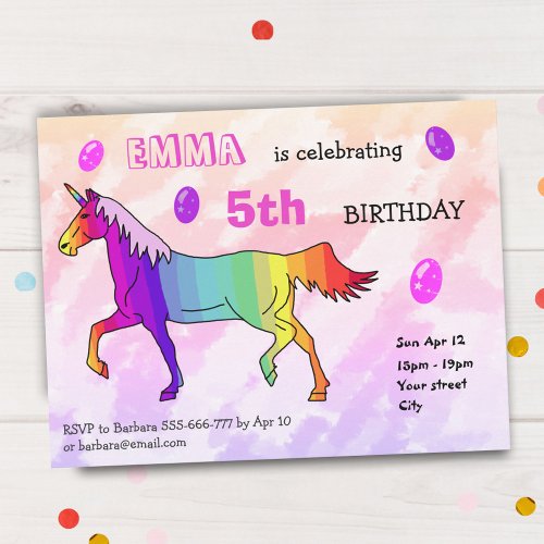 Cute Rainbow Unicorn Girly Birthday Party Invitation