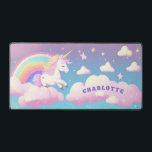 Cute Rainbow Unicorn Girly Personalized Name Desk Mat<br><div class="desc">Cute Rainbow Unicorn Girly Personalized Name Desk Mat features a magical pink unicorn creating a pretty girly rainbow in the clouds with your personalized name in an elegant modern blue script typography. Perfect gift for family and friends for birthday, Christmas, sister, best friends and more. Designed by ©Evco Studio www.zazzle.com/store/evcostudio...</div>