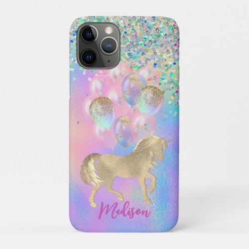 Cute Rainbow unicorn glitter balloons monogram iPhone 11 Pro Case