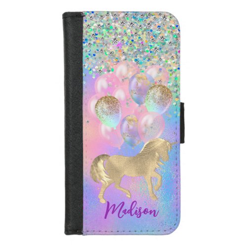 Cute Rainbow unicorn glitter balloons monogram iPhone 87 Wallet Case